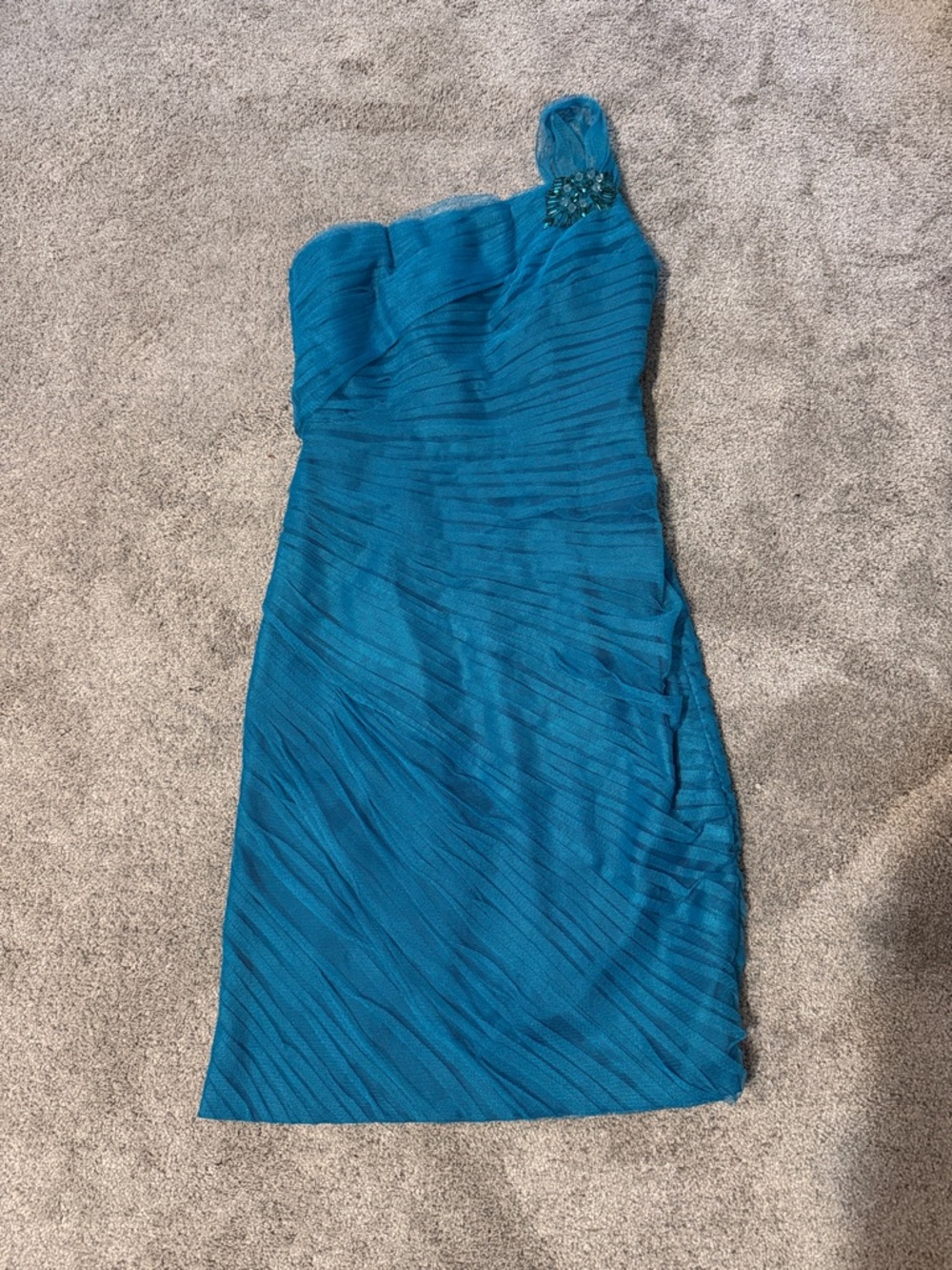Monique Lhullier One-Shoulder Teal Cocktail Dress Faux Jewel Detail